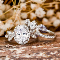 Oval Cut CZ Stone Halo Vine Floral Bridal Ring Set