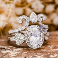 Oval Cut CZ Stone Halo Vine Floral Bridal Ring Set