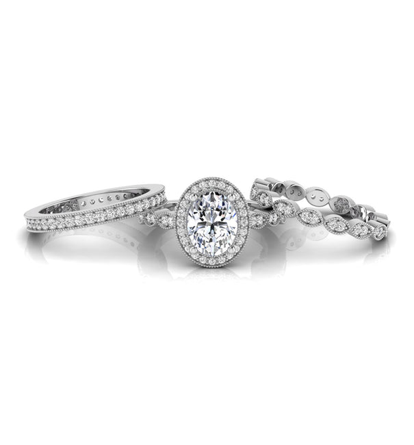 Oval Moissanite Halo Three Piece Bridal Ring Set