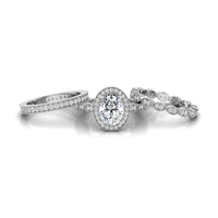 Oval Moissanite Halo Three Piece Bridal Ring Set