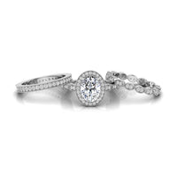 Oval Moissanite Halo Three Piece Bridal Ring Set