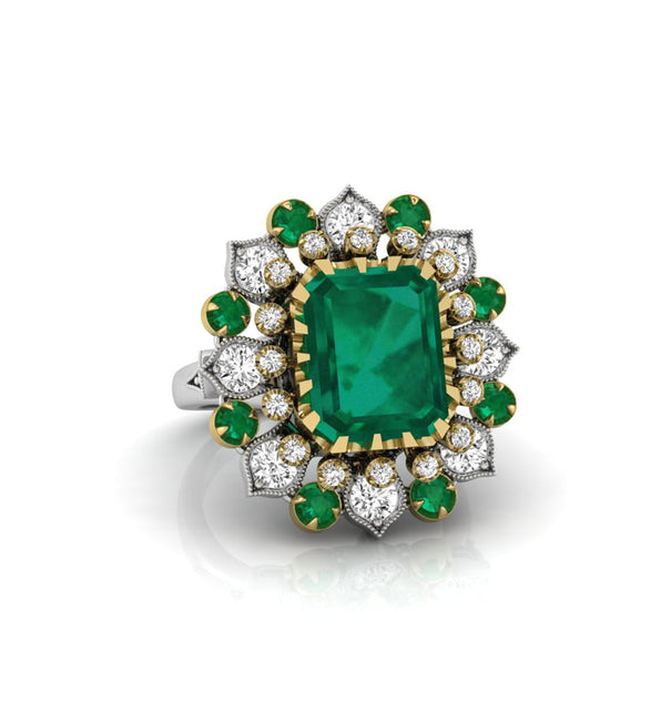 Emerald CZ Stone Two Tone Gold Floral Cocktail Ring