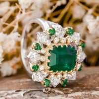 Emerald CZ Stone Two Tone Gold Floral Cocktail Ring