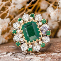 Emerald CZ Stone Two Tone Gold Floral Cocktail Ring