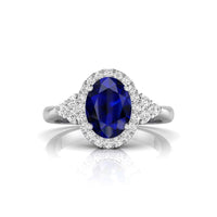 Sapphire Blue Oval CZ Seven Stone Halo Engagement Ring For Women