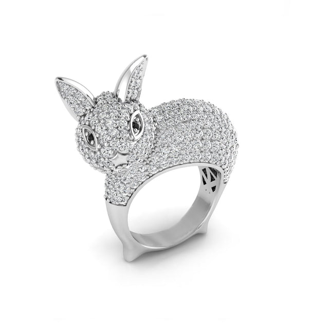 Round Cut Pave Setting CZ Stone Cocktail Party Wear Bunny Rabbit Ring For Men & Women