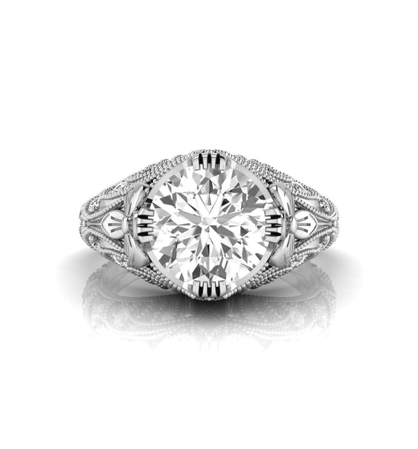 Round Moissanite Floral Motif Art Deco Ring