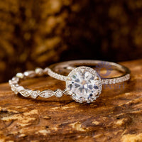 Round Moissanite Halo Wedding Bridal Ring Set