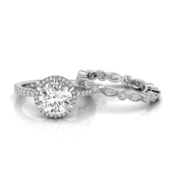 Round Moissanite Halo Wedding Bridal Ring Set