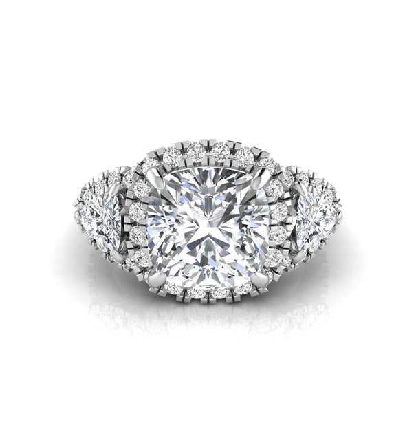 Cushion & Trillion Cut CZ Three Stone Halo Ring