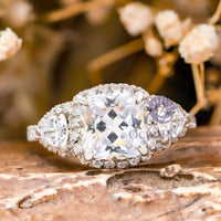 Cushion & Trillion Cut CZ Three Stone Halo Ring