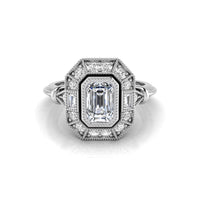 Emerald Stone Milgrain Bezel Set Halo Art Deco Ring