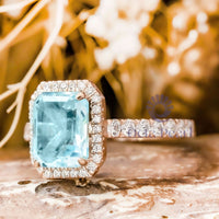 Aqua Emerald CZ Stone Halo Engagement Ring