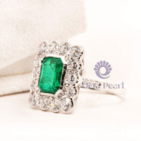 Green Emerald Stone Bezel Set Halo Wedding Ring