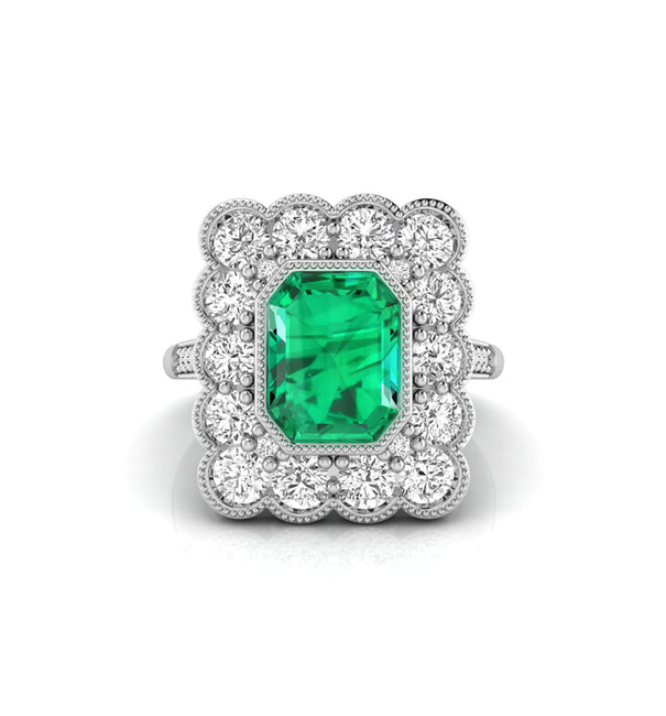 Green Emerald Stone Bezel Set Halo Wedding Ring