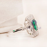 Green Emerald Stone Bezel Set Halo Wedding Ring