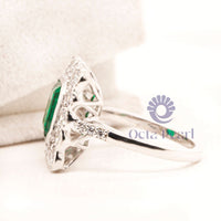 Green Emerald Stone Bezel Set Halo Wedding Ring