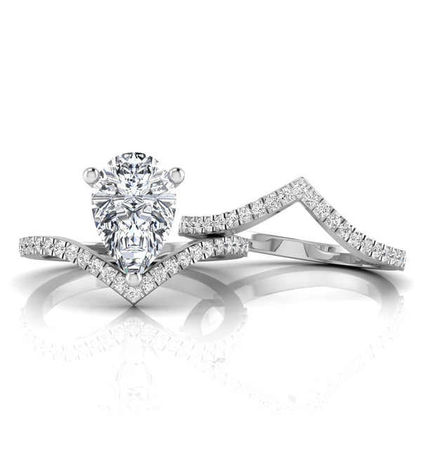 Pear Moissanite Chevron V Shape Bridal Ring Set