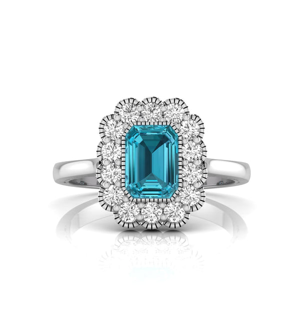 Emerald Cut CZ Stone Bezel Set Floral Halo Ring