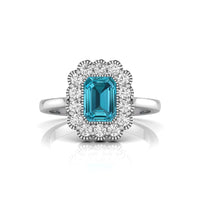 Emerald Cut CZ Stone Bezel Set Floral Halo Ring