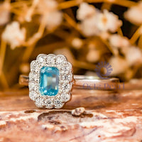 Emerald Cut CZ Stone Bezel Set Floral Halo Ring