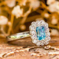 Emerald Cut CZ Stone Bezel Set Floral Halo Ring