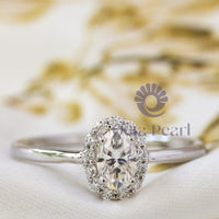 Oval Cut CZ Stone Halo Set Engagement Bride Proposal Ring