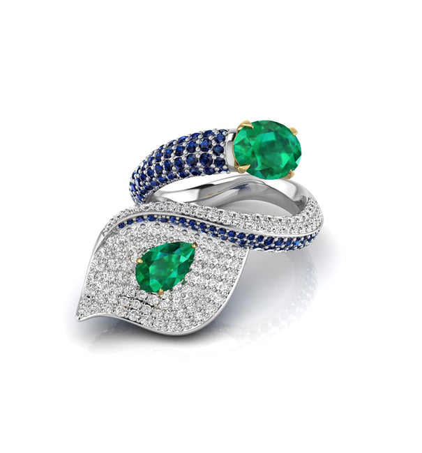 Green Oval & Pear CZ Stone Leaf Inspire Bypass Ring