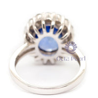 Oval & Half Moon Cut CZ Three Stone Halo Ring