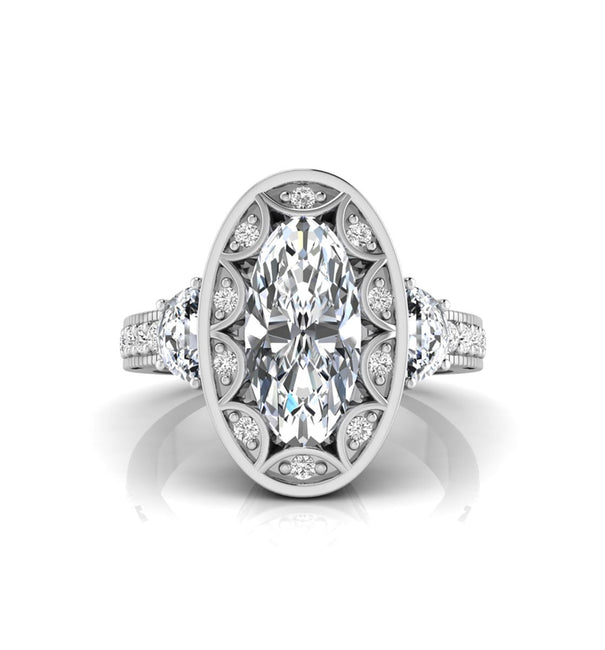 Oval & Half Moon Cut CZ Three Stone Halo Ring