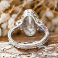 Oval & Half Moon Cut CZ Three Stone Halo Ring