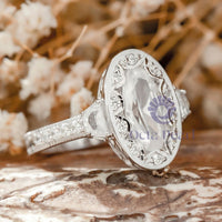 Oval & Half Moon Cut CZ Three Stone Halo Ring