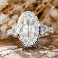 Oval & Half Moon Cut CZ Three Stone Halo Ring