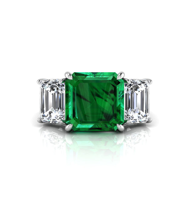 Asscher & Emerald Three Stone Engagement Ring