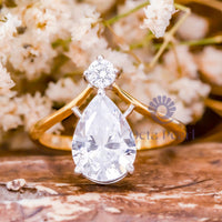 Pear & Round Moissanite V Shape Chevron Two Stone Ring