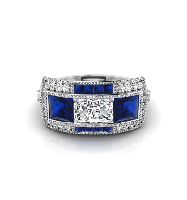 Radiant & Blue Princess CZ Three Stone Halo Ring