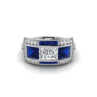 Radiant & Blue Princess CZ Three Stone Halo Ring