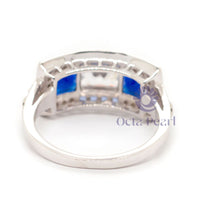 Radiant & Blue Princess CZ Three Stone Halo Ring