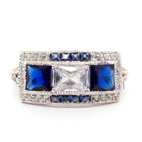 Radiant & Blue Princess CZ Three Stone Halo Ring