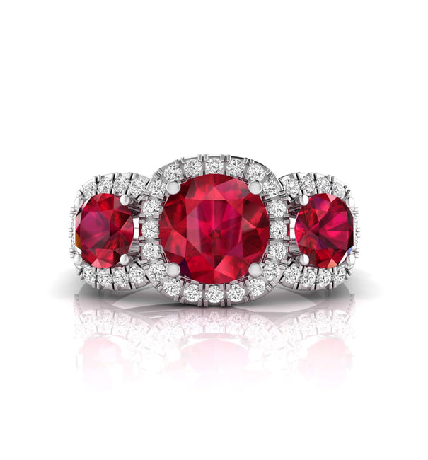 Red Round CZ Three Stone Halo Split Shank Ring