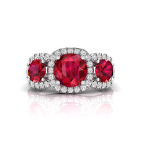 Red Round CZ Three Stone Halo Split Shank Ring