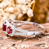 Red Round CZ Three Stone Halo Split Shank Ring