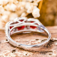 Red Round CZ Three Stone Halo Split Shank Ring