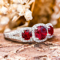 Red Round CZ Three Stone Halo Split Shank Ring