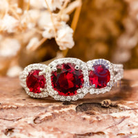 Red Round CZ Three Stone Halo Split Shank Ring