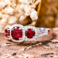 Red Round CZ Three Stone Halo Split Shank Ring