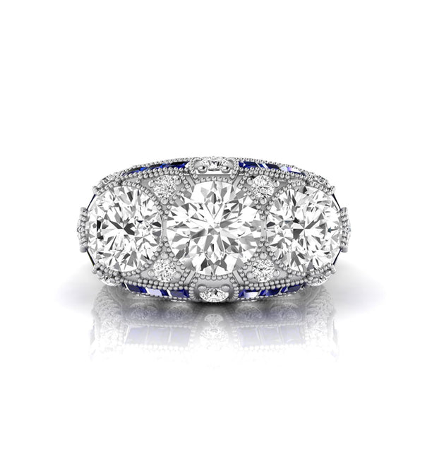 Round CZ Three Stone Milgrain Art Deco Ring