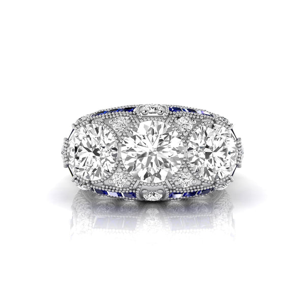 Round CZ Three Stone Milgrain Art Deco Ring | 925 Sterling Silver | US 9