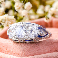 Round CZ Three Stone Milgrain Art Deco Ring