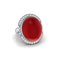 Pink Oval Shape Cabochon CZ Three Stone Art Deco Ring